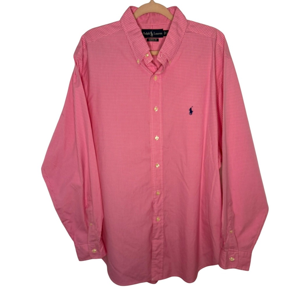 Ralph Lauren Button Down Shirt Mens 17.5 Pink White Micro Check Classic Fit